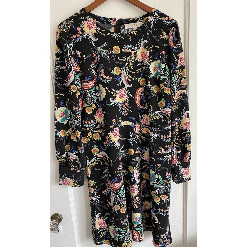 Ann Taylor LOFT Dress Black Floral Paisley Long Sleeve Size 12 Pre-owned